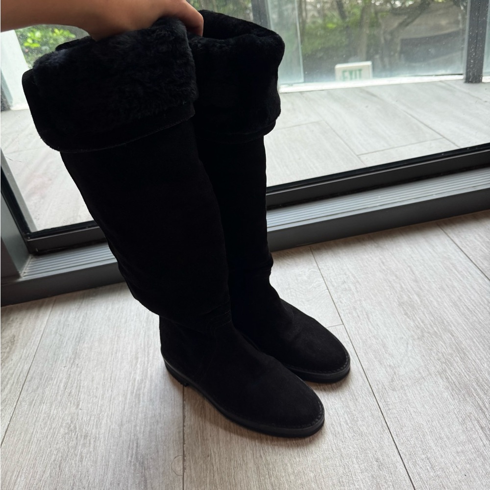 Jimmy Choo Black Winter Shearling Fur Suede Boots Over the Knee High size 37